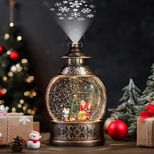Christmas Snow Globe with Santa Claus, Glittering Water Lantern, 8 Melodies, 6-Hour Timer, Battery and USB Powered Music Box