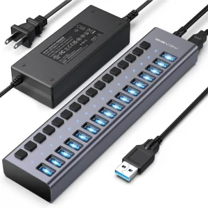 16-Port USB 3.2 Hub with 10Gbps Speed, Aluminum Housing, 96W Power Adapter for PC/Laptop Devices