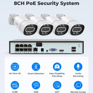 4K 5Mp or 8Mp Security Camera System and Home Video Surveillance Kit.